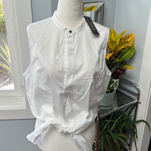 NWT Polo Ralph Lauren Womens White Cotton Sleeveless Blouse with Tie at Bottom - Picture 1 of 8